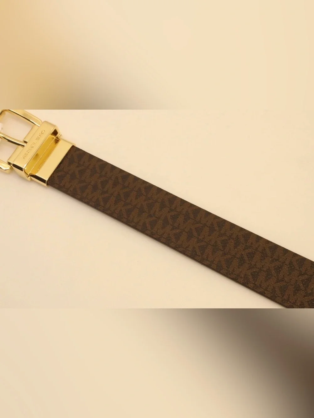 Michael Kors Reversible Logo Belt in Brown and Beige with Gold Buckle